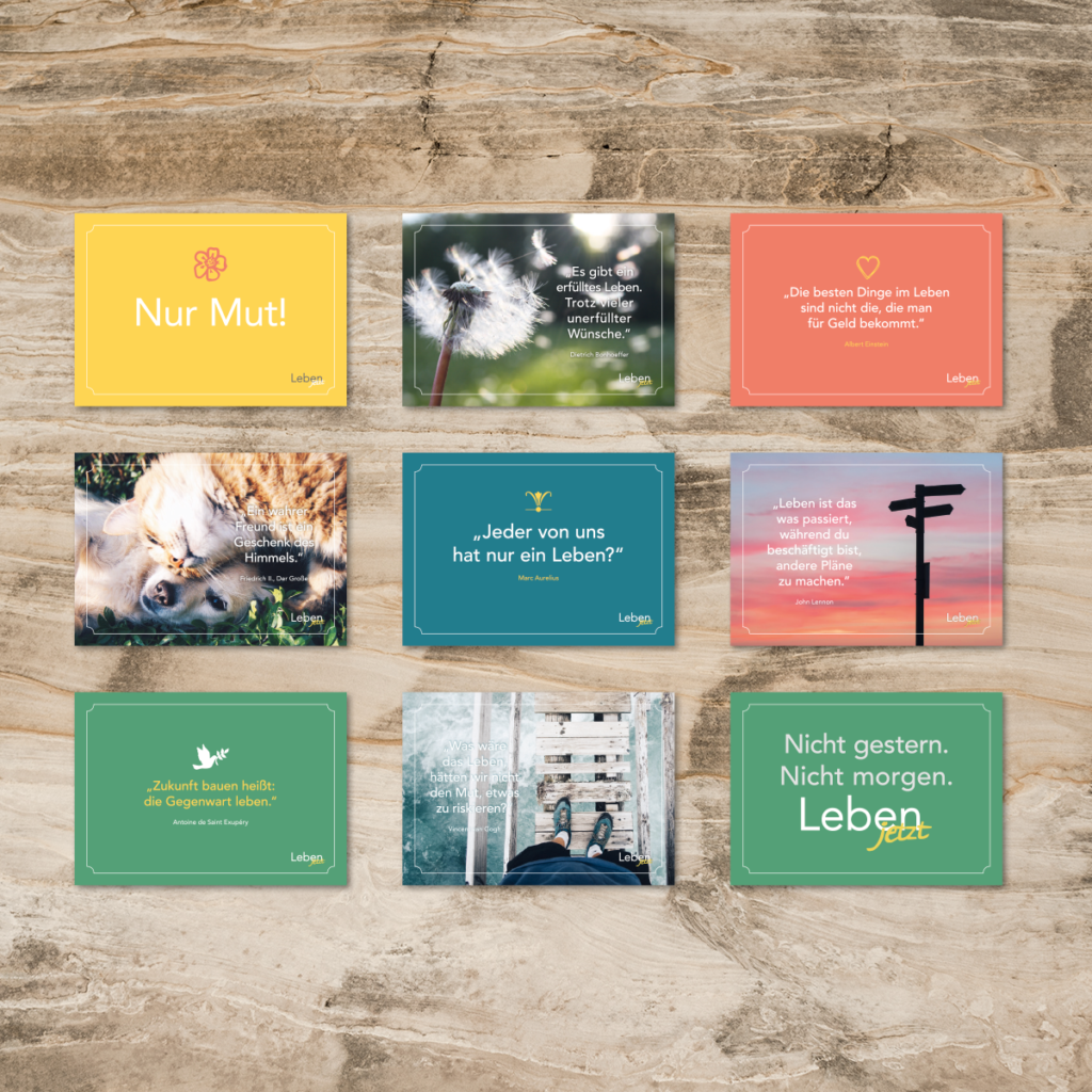 Postkarten-Set mit Fotos und farbigen Zitaten für das moderne Leben jetzt Magazin
