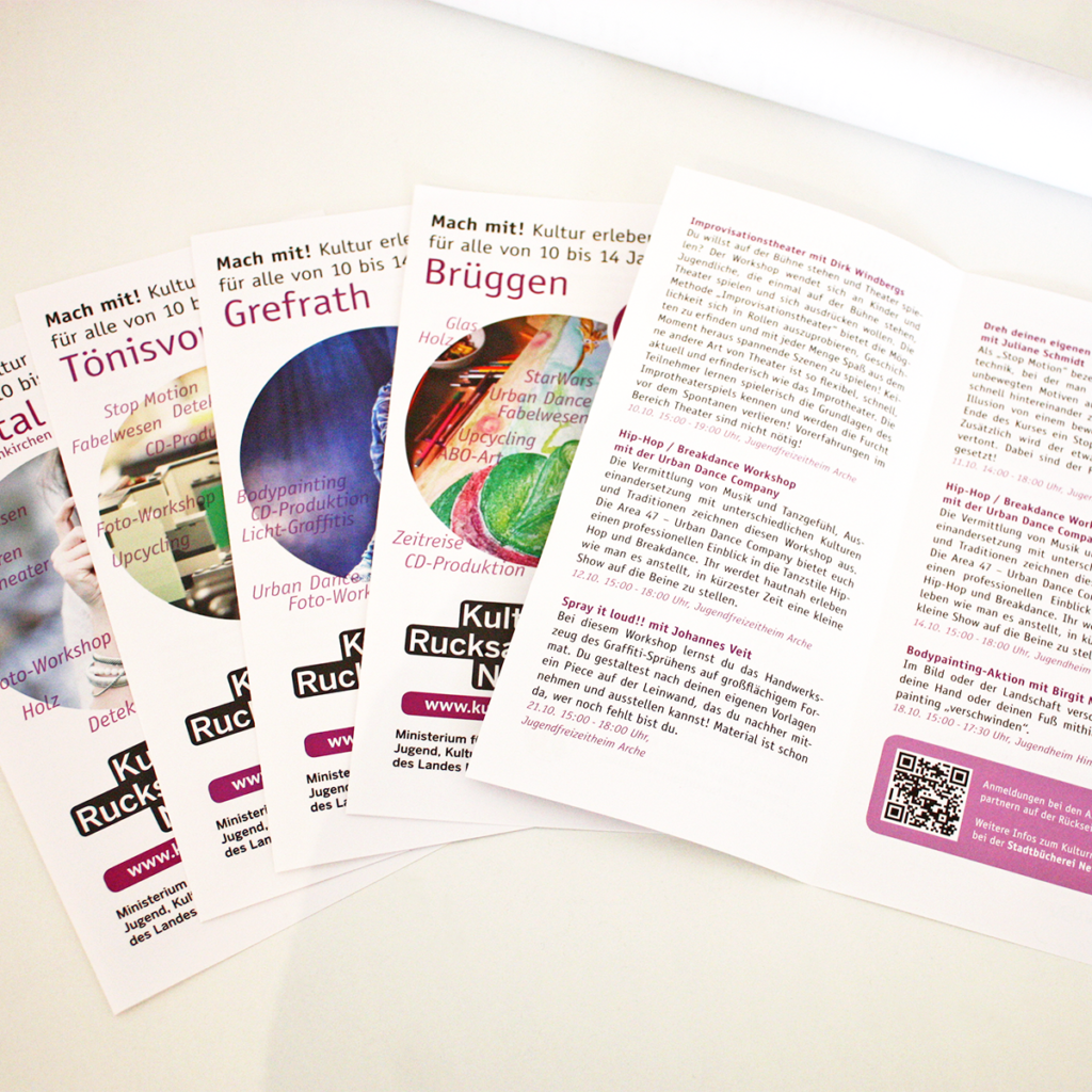 Überischt der Kulturrucksack Medien für die Städte Nettetal, Tönisvorst, Grefrath und Brüggen (Flyer und Plakate)