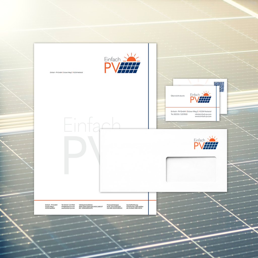Corporate Design Unterlagen für ein Photovoltaik Unternehmen - hier zu sehen Briefpapier, -umschlag und Visitenkarten