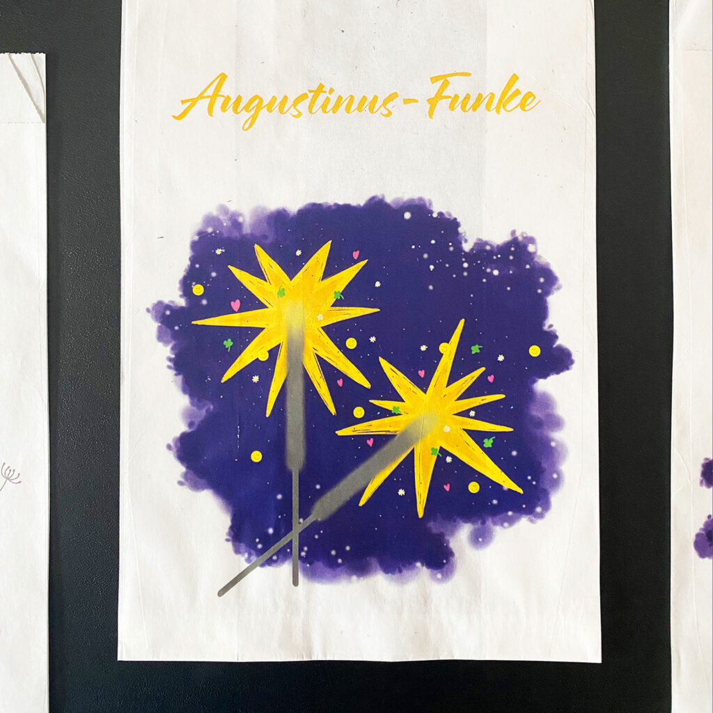 Illustration mit Wunderkerzen auf leuchtendem Grund mit der Aufschrift "Augustinus Funke" gedruckt auf Brottüten, die mal als umweltschonende Alternative zu Silvesterböllern aufpusten und knallen lassen kann
