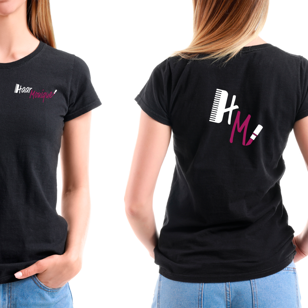 Responsives Design für einen Friseursalon. Hier sieht man die Voll- und Kurzversion des Logos für schwarze Hintergründe auf einem T-Shirt.