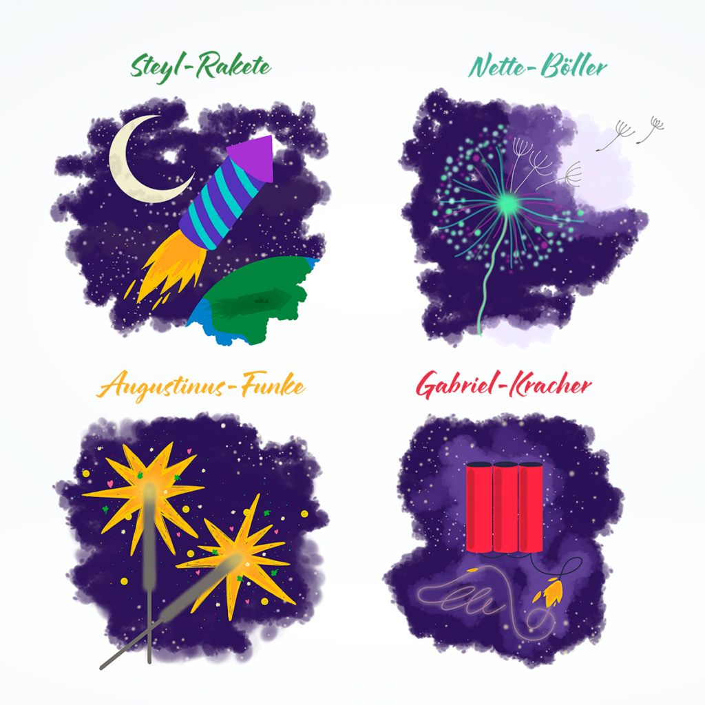 4 leuchkräftige Illustrationen rund um Silvester