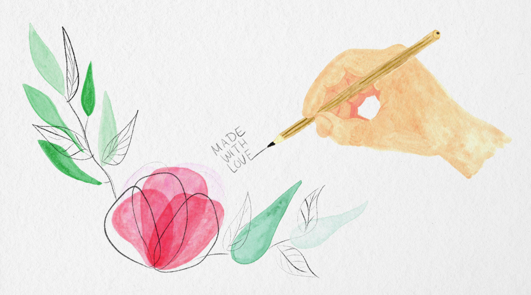 Aquarell Illustration von Ellen Herbst-Wüller / Grafikstudio Herbst: eine zarte pinken Blüte eingerahmt von zwei grünen Zweigen, daneben eine Hand, die mit einem Bleistift "MADE WITH LOVE" schreibt