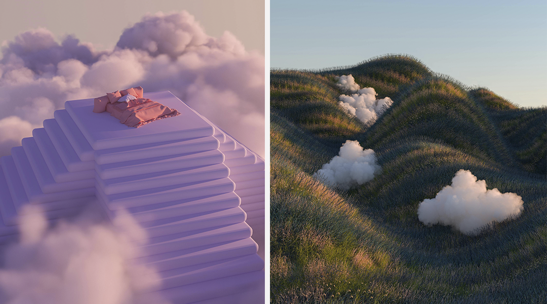 Surrealismus in fotorealisitscher Umsetzung: Eine Matratzen Pyramide zwischen den Wolken und Wolken, die sich wie Büsche zwischen eine grüne Hügellandschaft schmiegen